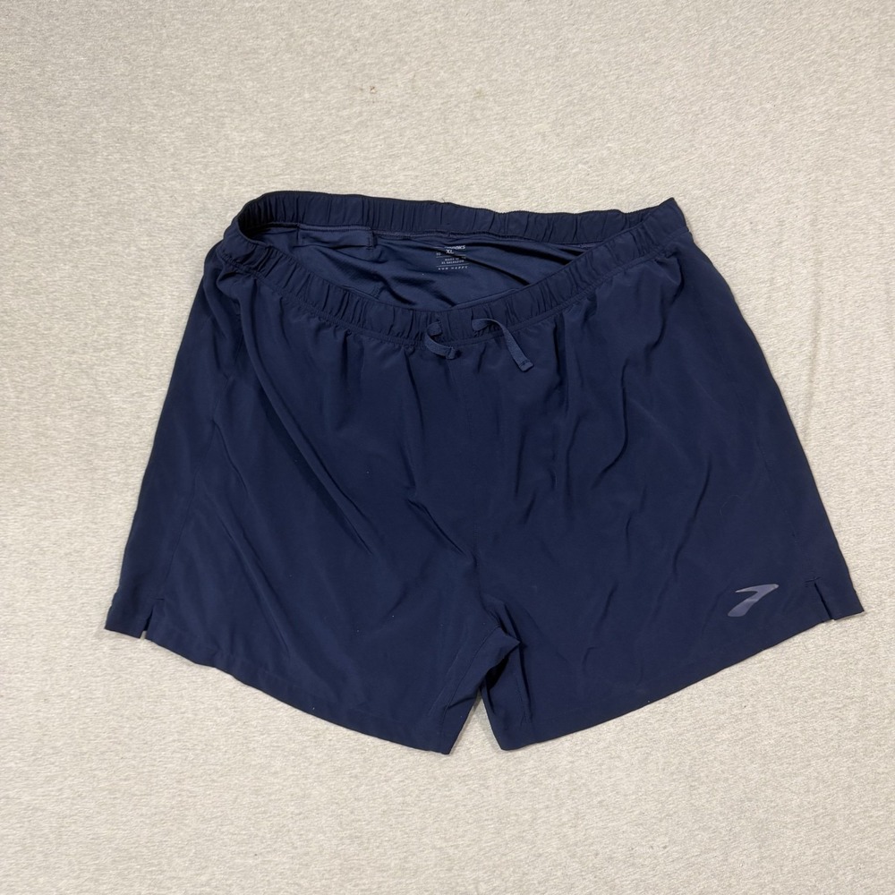 Brooks Run Happy Shorts Mens XL Navy Blue Lined Drawstring Zip Pocket Running